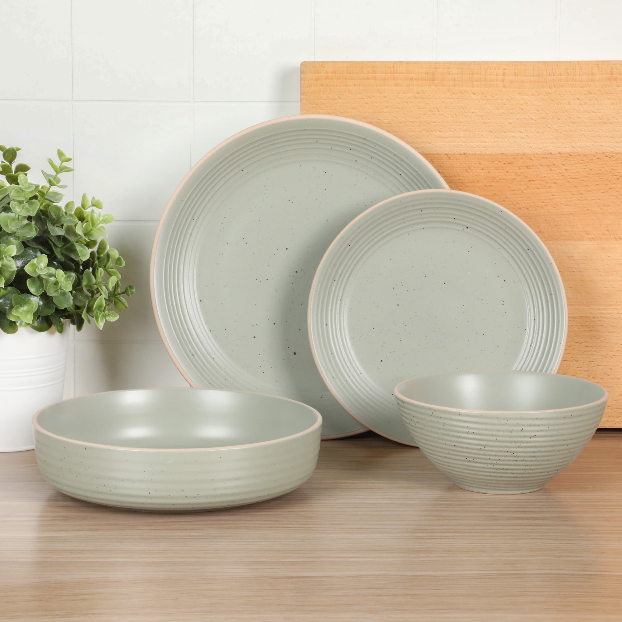Gibson Home Dinah 16 Piece Double Bowl Stoneware Embossed Speckled Dinnerware Set
