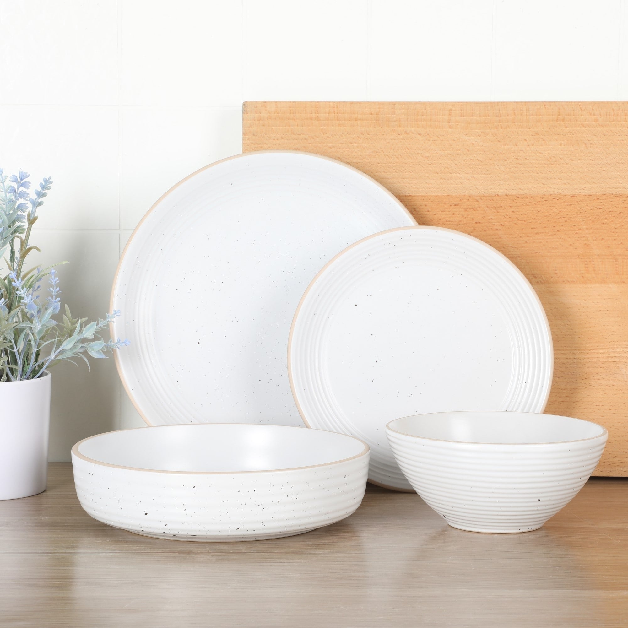 Gibson Home Dinah 16 Piece Double Bowl Stoneware Embossed Speckled Dinnerware Set