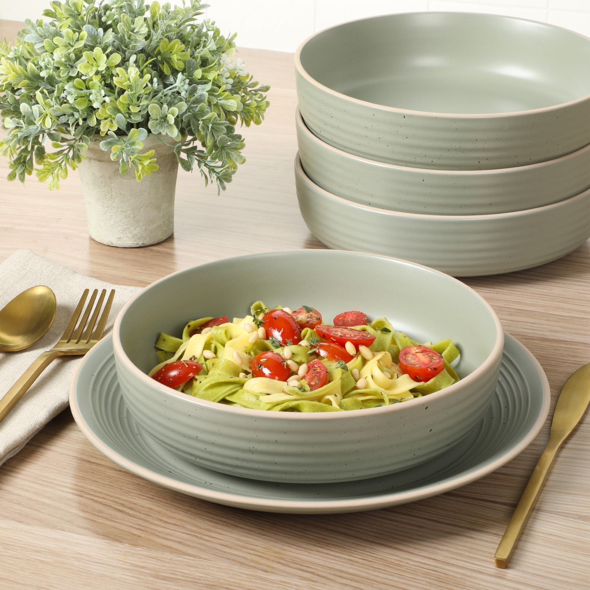 Gibson Home Dinah 16 Piece Double Bowl Stoneware Embossed Speckled Dinnerware Set