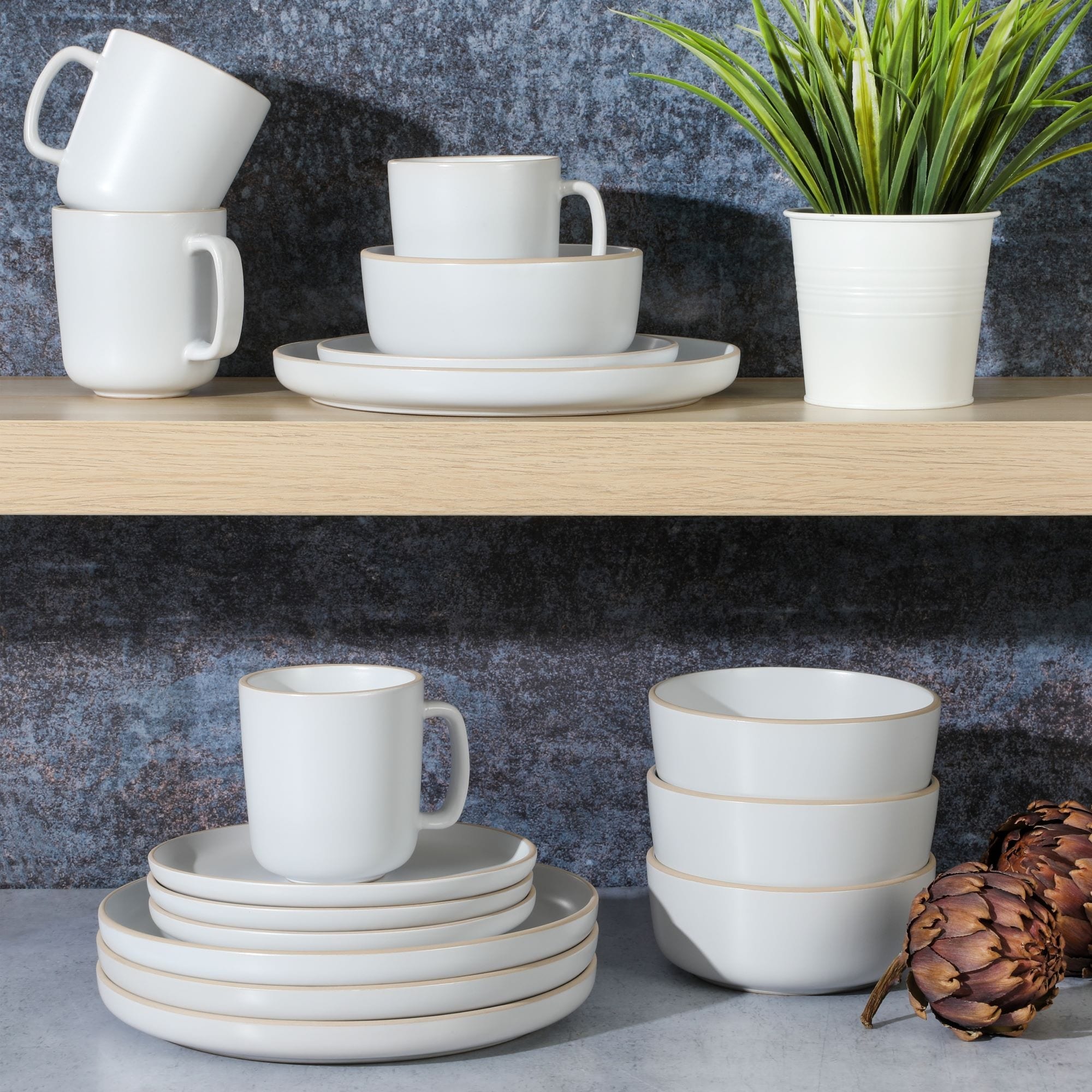 Gibson Home Zuma 16 Piece Stoneware Plates, Bowls, & Mugs Dinnerware Set - Matte White