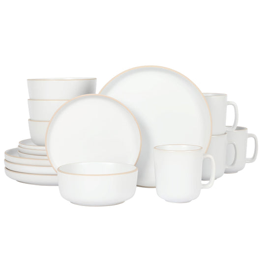 Gibson Home Zuma 16 Piece Stoneware Plates, Bowls, & Mugs Dinnerware Set - Matte White