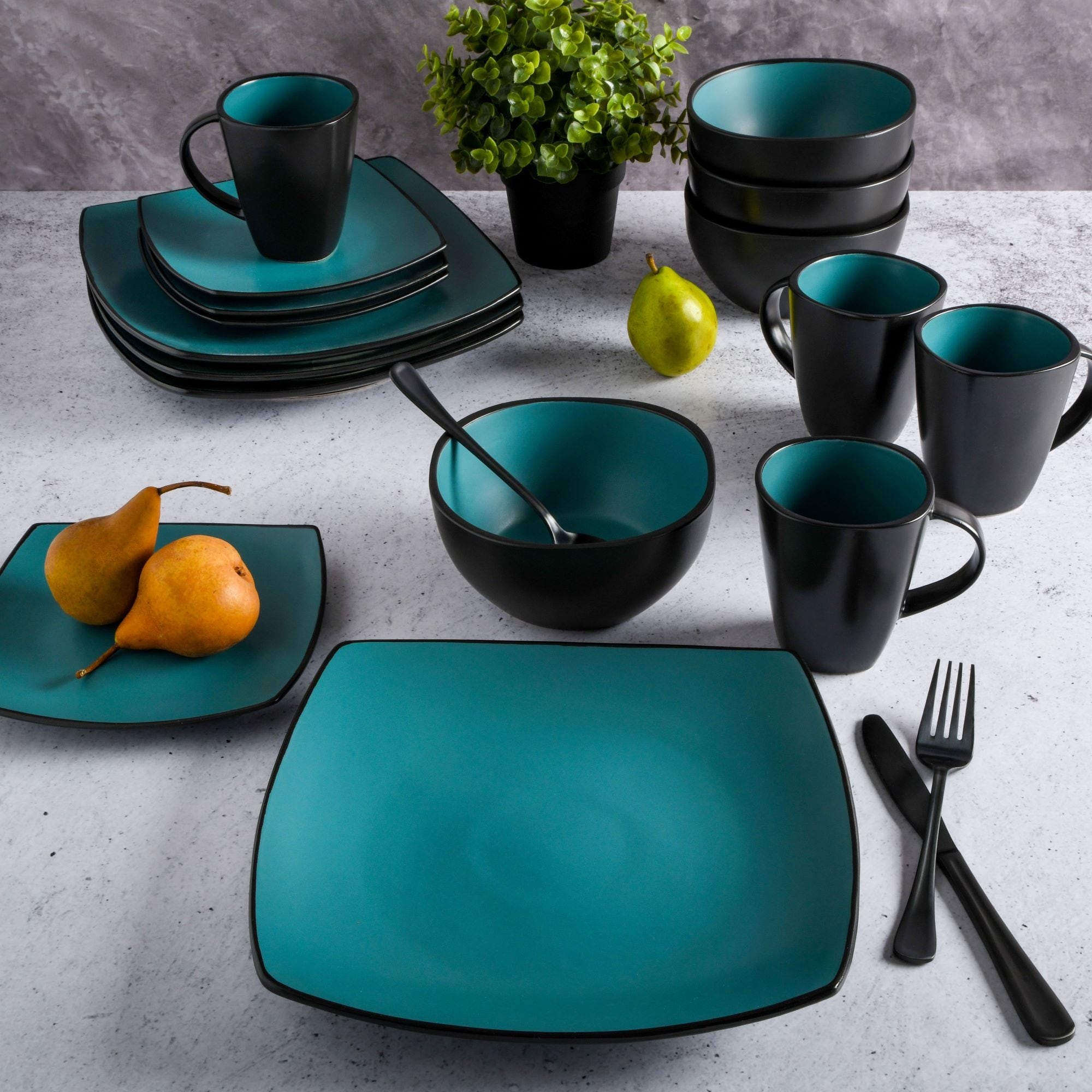 Gibson Soho Lounge Square 16-Piece Reactive Glaze Stoneware Dinnerware Set