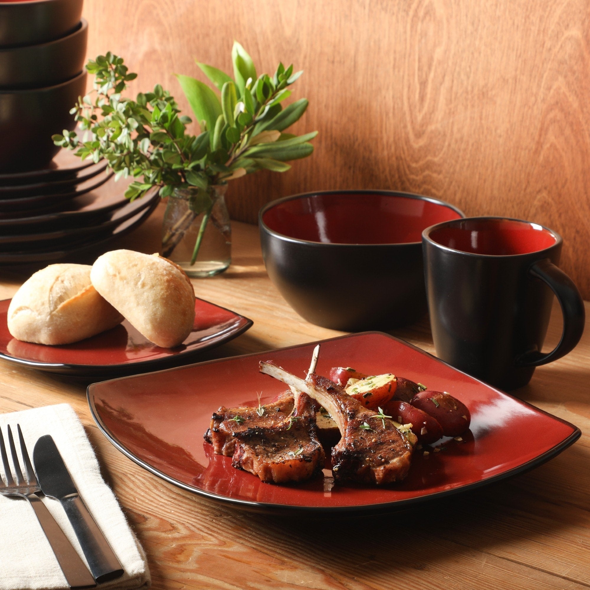 Gibson Soho Lounge Square 16-Piece Reactive Glaze Stoneware Dinnerware Set