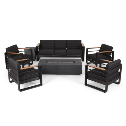 Giovanna Outdoor Aluminum 7 Seater Chat Set with Fire Pit by Christopher Knight Home