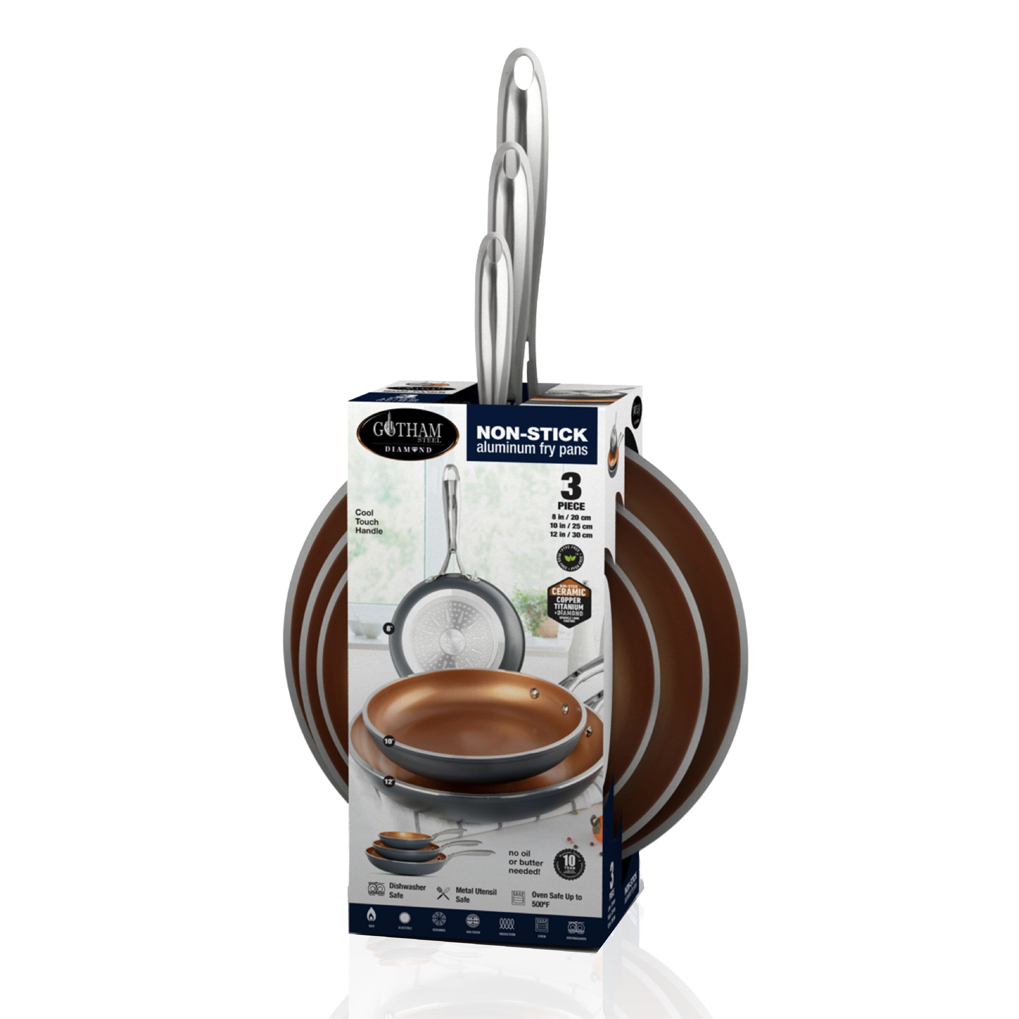 Gotham Steel Diamond Nonstick Frying Pan 3 Piece Set 8 10 12 Ceramic Cookware
