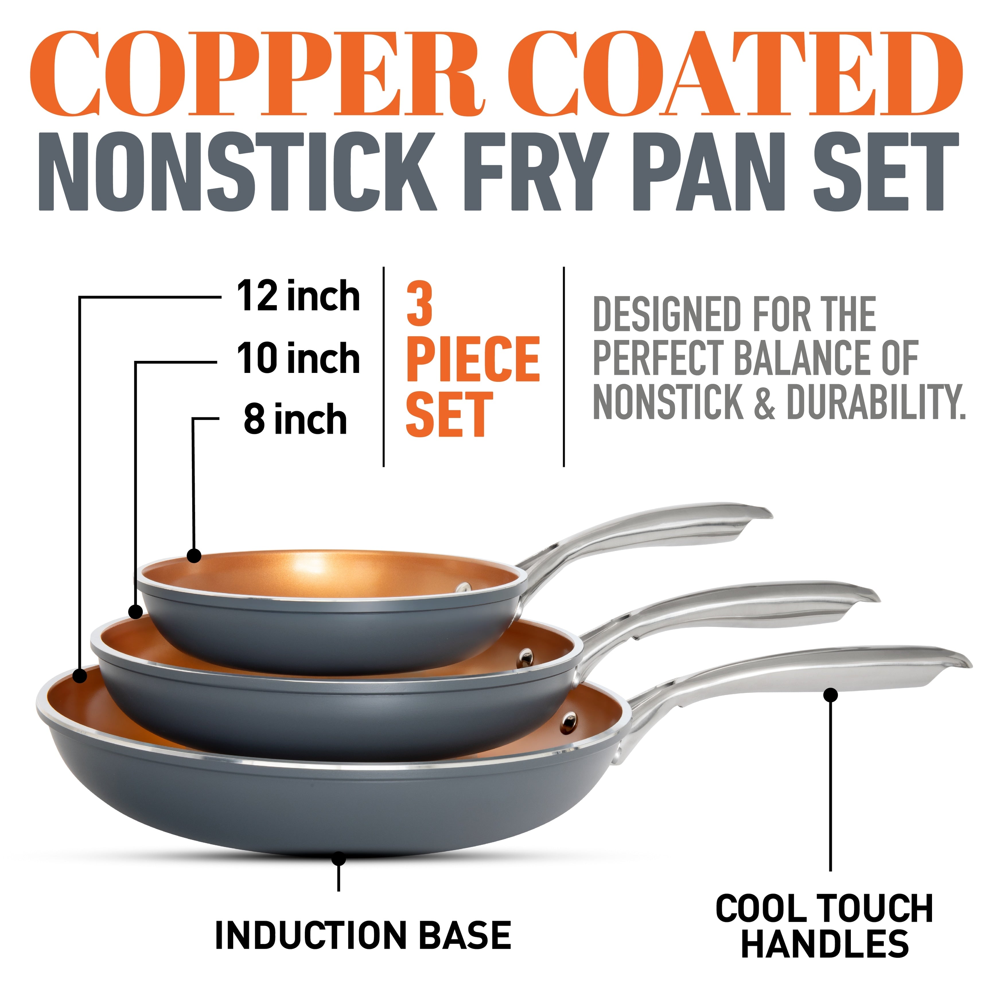 Gotham Steel Diamond Nonstick Frying Pan 3 Piece Set 8 10 12 Ceramic Cookware