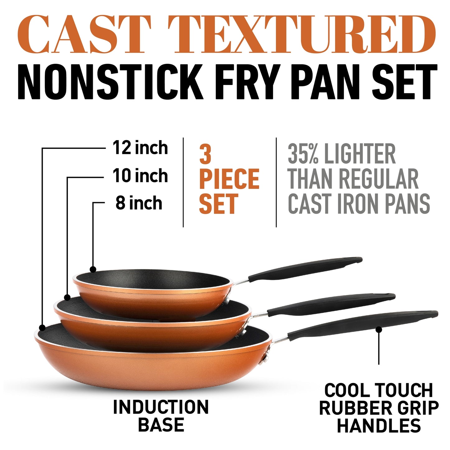 Gotham Steel Copper Cast Textured 3 Pack Nonstick Fry Pan Set - 8'' 10'' and 12''