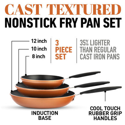 Gotham Steel Copper Cast Textured 3 Pack Nonstick Fry Pan Set - 8'' 10'' and 12''