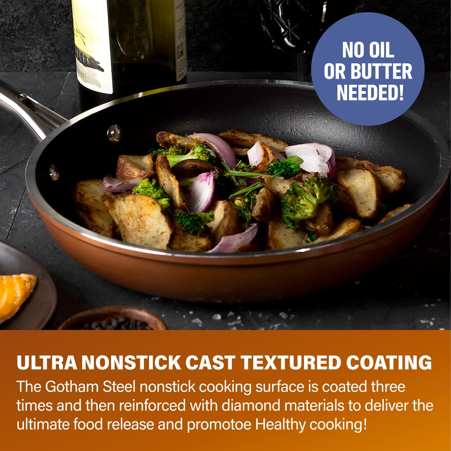 Gotham Steel Copper Cast Textured 3 Pack Nonstick Fry Pan Set - 8'' 10'' and 12''