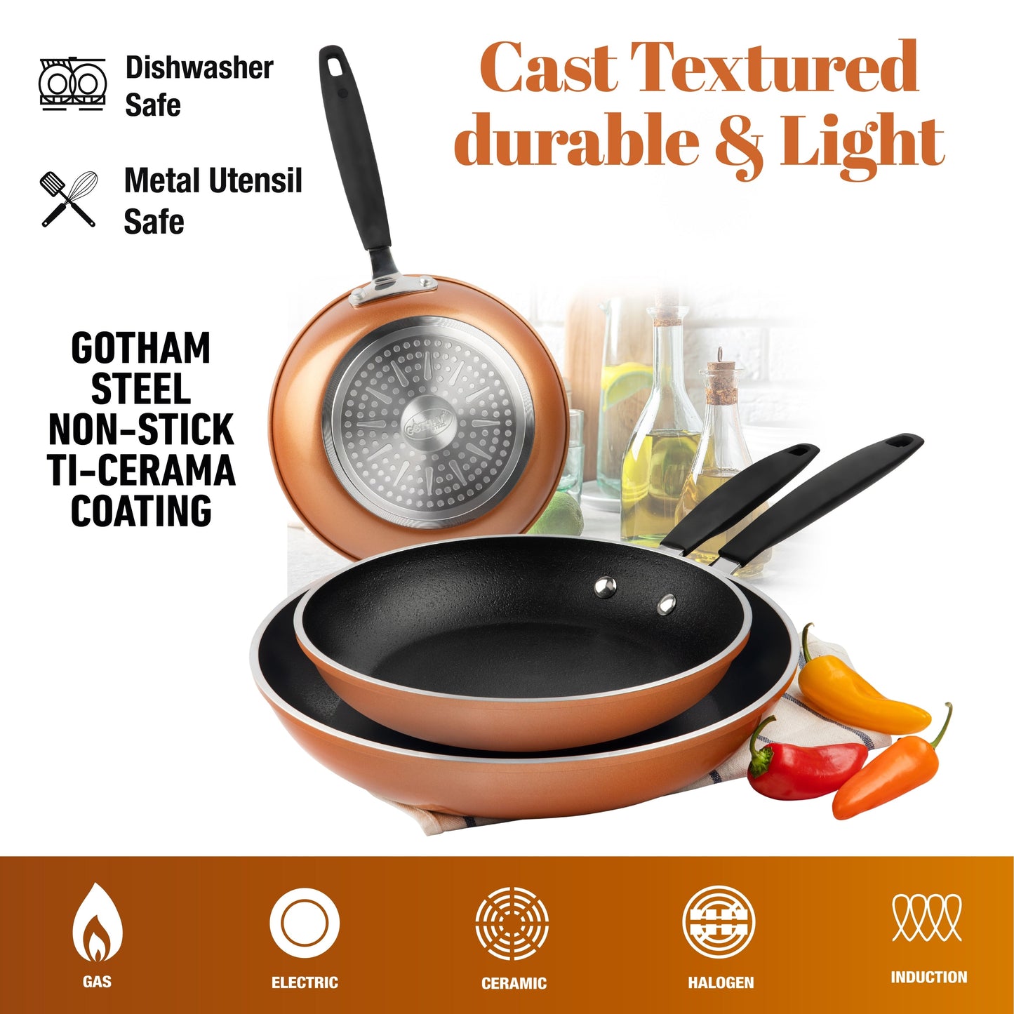 Gotham Steel Copper Cast Textured 3 Pack Nonstick Fry Pan Set - 8'' 10'' and 12''
