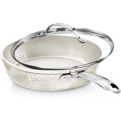 Gotham Steel Hammered Cream 10 Ceramic Nonstick Fry Pan with Lid