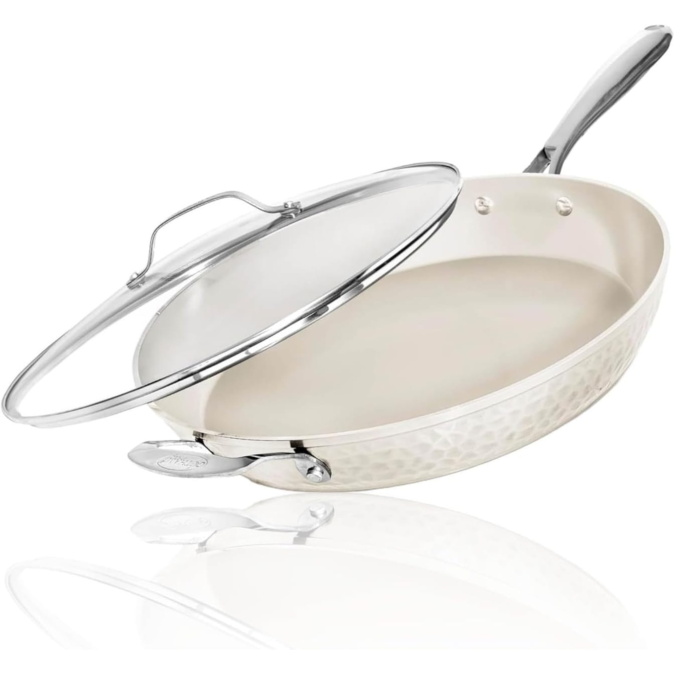 Gotham Steel Hammered Cream Nonstick Frying Pan 14 Large Skillet With Glass Lid
