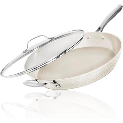 Gotham Steel Hammered Cream Nonstick Frying Pan 14 Large Skillet With Glass Lid