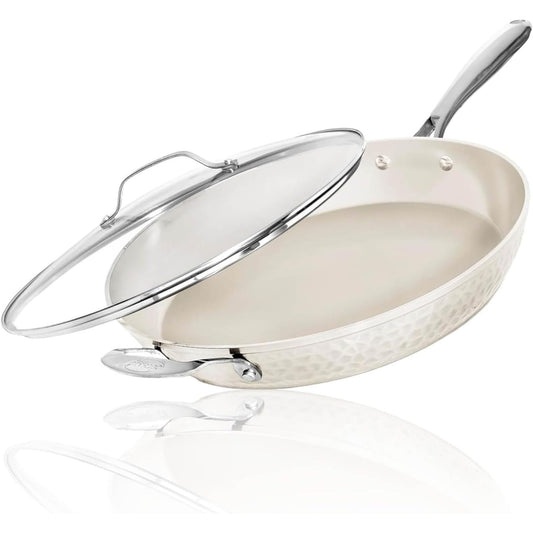 Gotham Steel Hammered Cream Nonstick Frying Pan 14 Large Skillet With Glass Lid