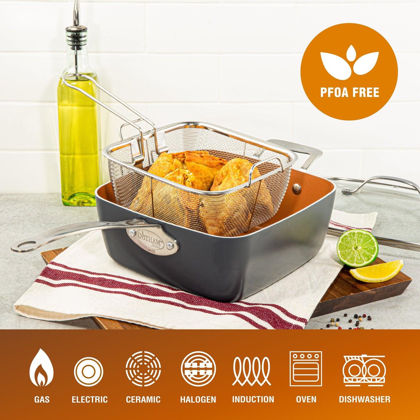 Gotham Steel Nonstick Deep Fry Pan 11 Square Pan 6.5 Qt with Lid