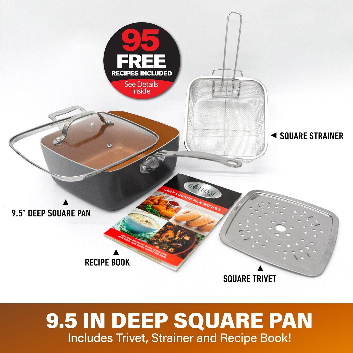 Gotham Steel Nonstick Deep Fry Pan 11 Square Pan 6.5 Qt with Lid