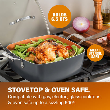 Gotham Steel Nonstick Deep Fry Pan 11 Square Pan 6.5 Qt with Lid