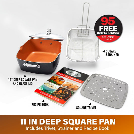 Gotham Steel Nonstick Deep Fry Pan 11 Square Pan 6.5 Qt with Lid