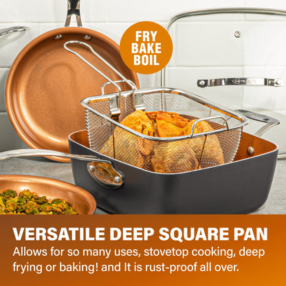 Gotham Steel Nonstick Deep Fry Pan 11 Square Pan 6.5 Qt with Lid