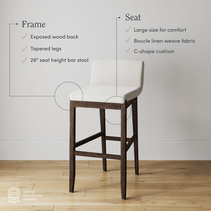 Gracie Modern Bar Stool, Boucle Upholstered Chair and Brushed Wooden Legs