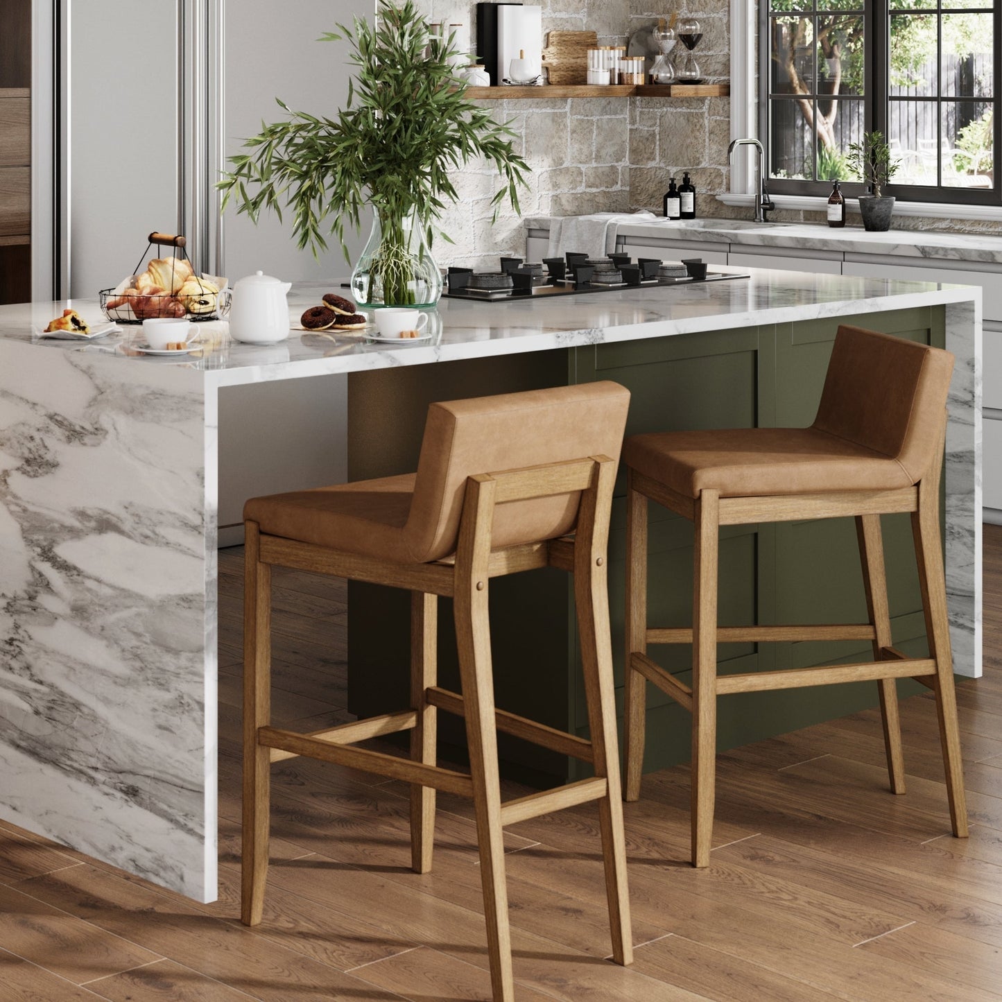 Gracie Modern Bar Stool, Boucle Upholstered Chair and Brushed Wooden Legs