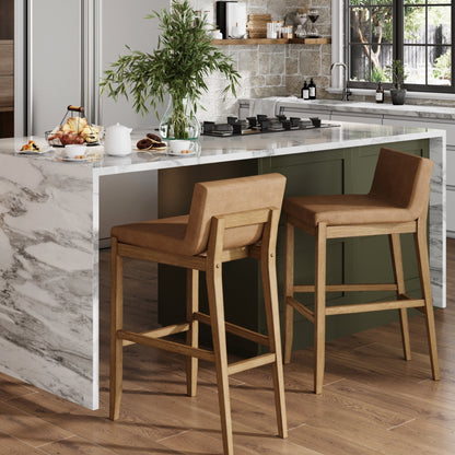Gracie Modern Bar Stool, Boucle Upholstered Chair and Brushed Wooden Legs