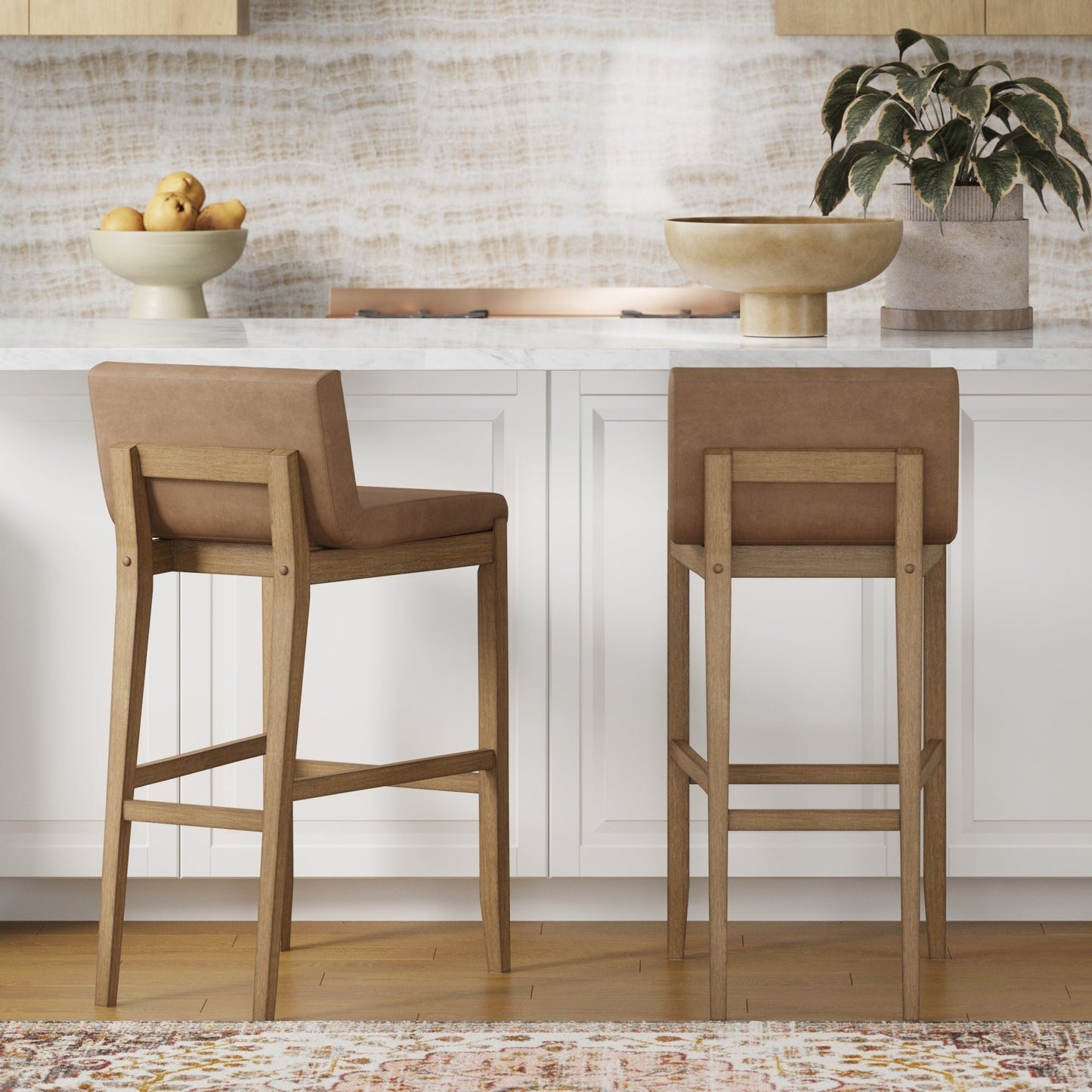 Gracie Modern Bar Stool, Boucle Upholstered Chair and Brushed Wooden Legs