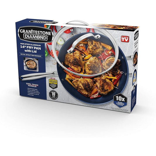 Granitestone Diamond Nonstick Frying Pan 14 Large Skillet with Lid Helper Handle Cookware, Blue