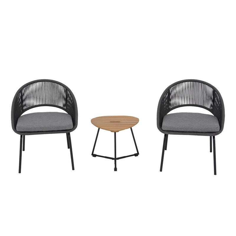 Gray Woven Rope Bistro Set-3-Piece Patio Chairs with Seat Pads