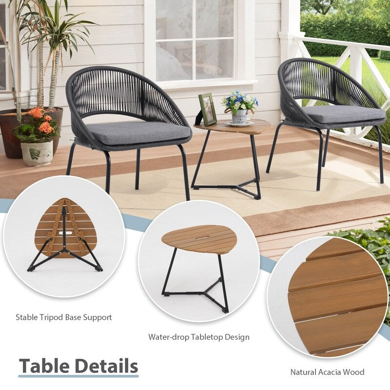 Gray Woven Rope Bistro Set-3-Piece Patio Chairs with Seat Pads