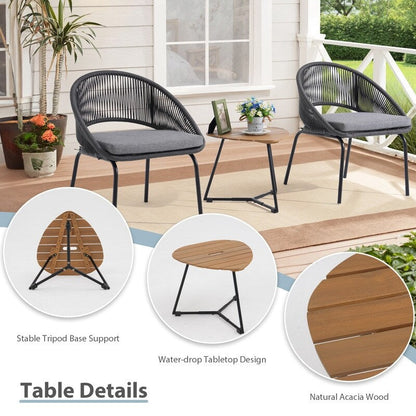 Gray Woven Rope Bistro Set-3-Piece Patio Chairs with Seat Pads