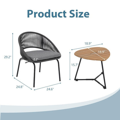 Gray Woven Rope Bistro Set-3-Piece Patio Chairs with Seat Pads