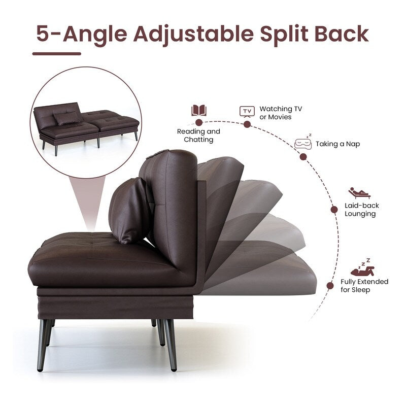 Grondin Convertible Futon Sofa Bed, 5-Angle Adjustable Backrest Sleeper Couch with 2 Pillows, Modern Style Recliner Lounge