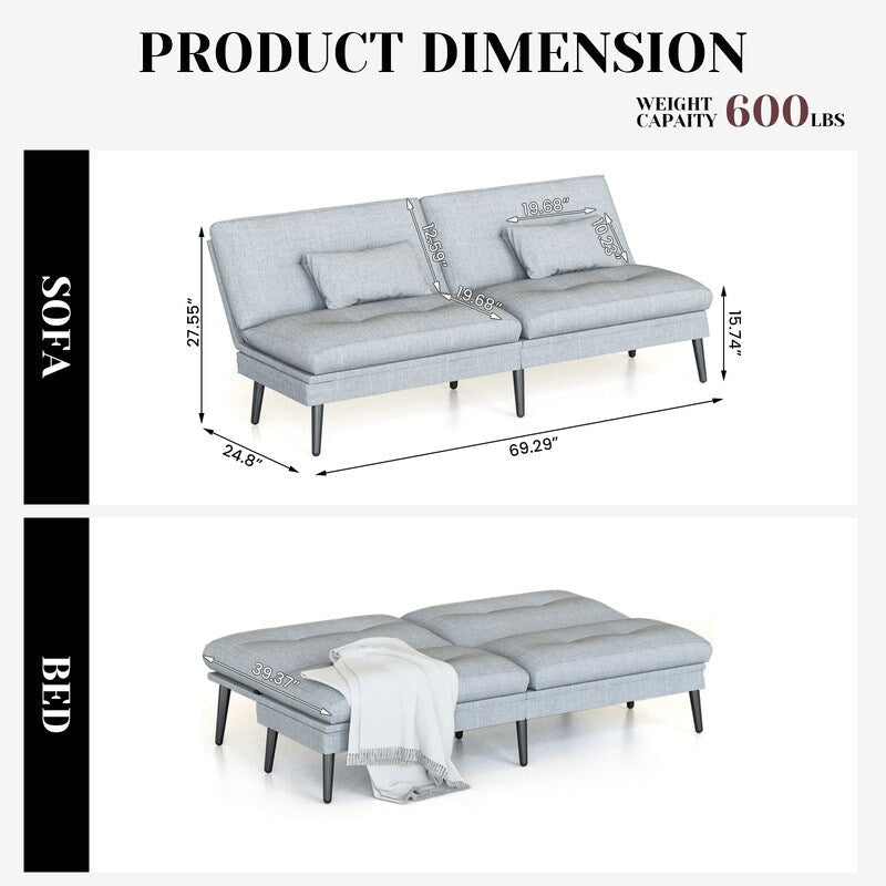 Grondin Convertible Futon Sofa Bed, 5-Angle Adjustable Backrest Sleeper Couch with 2 Pillows, Modern Style Recliner Lounge