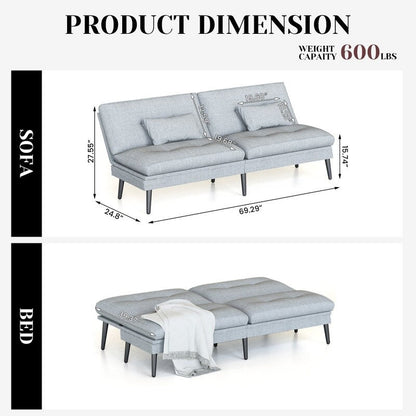 Grondin Convertible Futon Sofa Bed, 5-Angle Adjustable Backrest Sleeper Couch with 2 Pillows, Modern Style Recliner Lounge