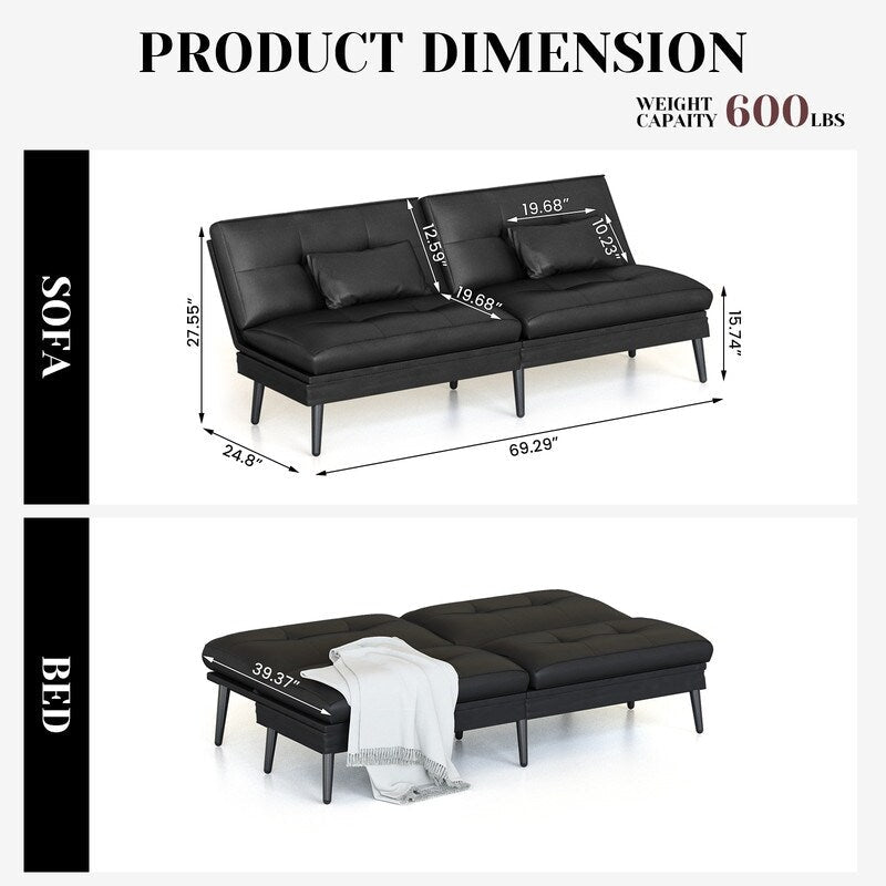 Grondin Convertible Futon Sofa Bed, 5-Angle Adjustable Backrest Sleeper Couch with 2 Pillows, Modern Style Recliner Lounge