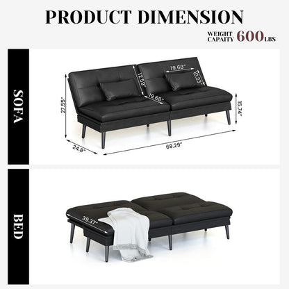 Grondin Convertible Futon Sofa Bed, 5-Angle Adjustable Backrest Sleeper Couch with 2 Pillows, Modern Style Recliner Lounge