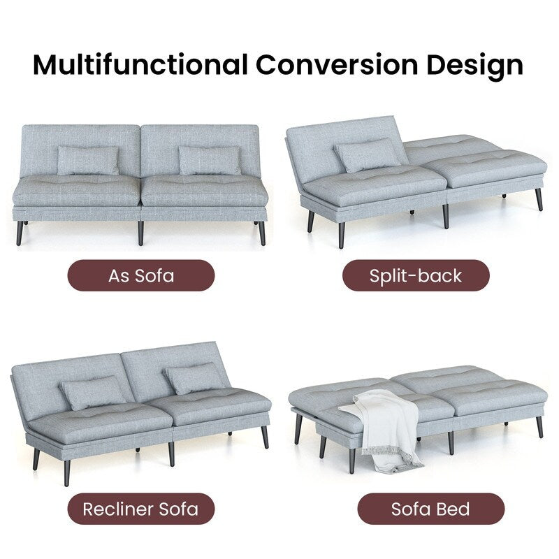 Grondin Convertible Futon Sofa Bed, 5-Angle Adjustable Backrest Sleeper Couch with 2 Pillows, Modern Style Recliner Lounge