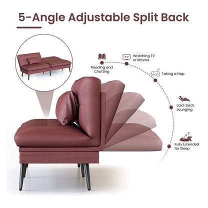 Grondin Convertible Futon Sofa Bed, 5-Angle Adjustable Backrest Sleeper Couch with 2 Pillows, Modern Style Recliner Lounge