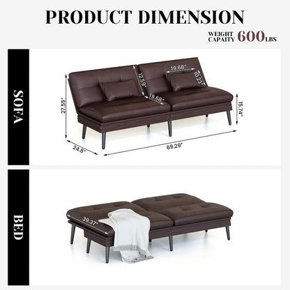 Grondin Convertible Futon Sofa Bed, 5-Angle Adjustable Backrest Sleeper Couch with 2 Pillows, Modern Style Recliner Lounge
