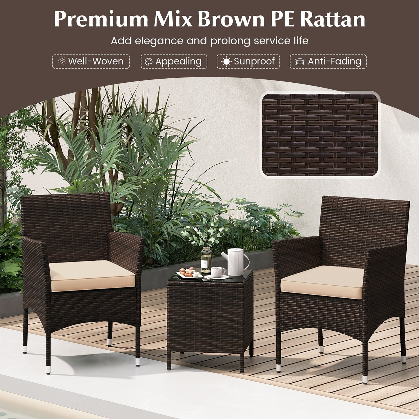 Gymax 3 PCS Outdoor Conversation Set w/ Cushioned Seat & Tempered