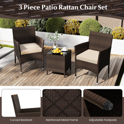 Gymax 3 PCS Outdoor Conversation Set w/ Cushioned Seat & Tempered