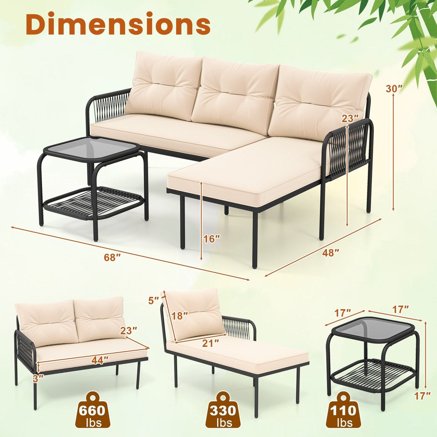 Gymax 3-Piece L Shaped Patio Furniture Set w/Tempered Glass Table Back