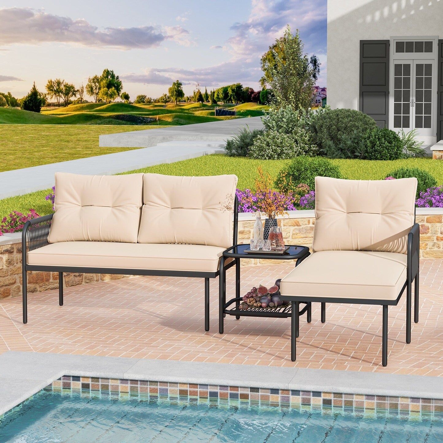 Gymax 3-Piece L Shaped Patio Furniture Set w/Tempered Glass Table Back