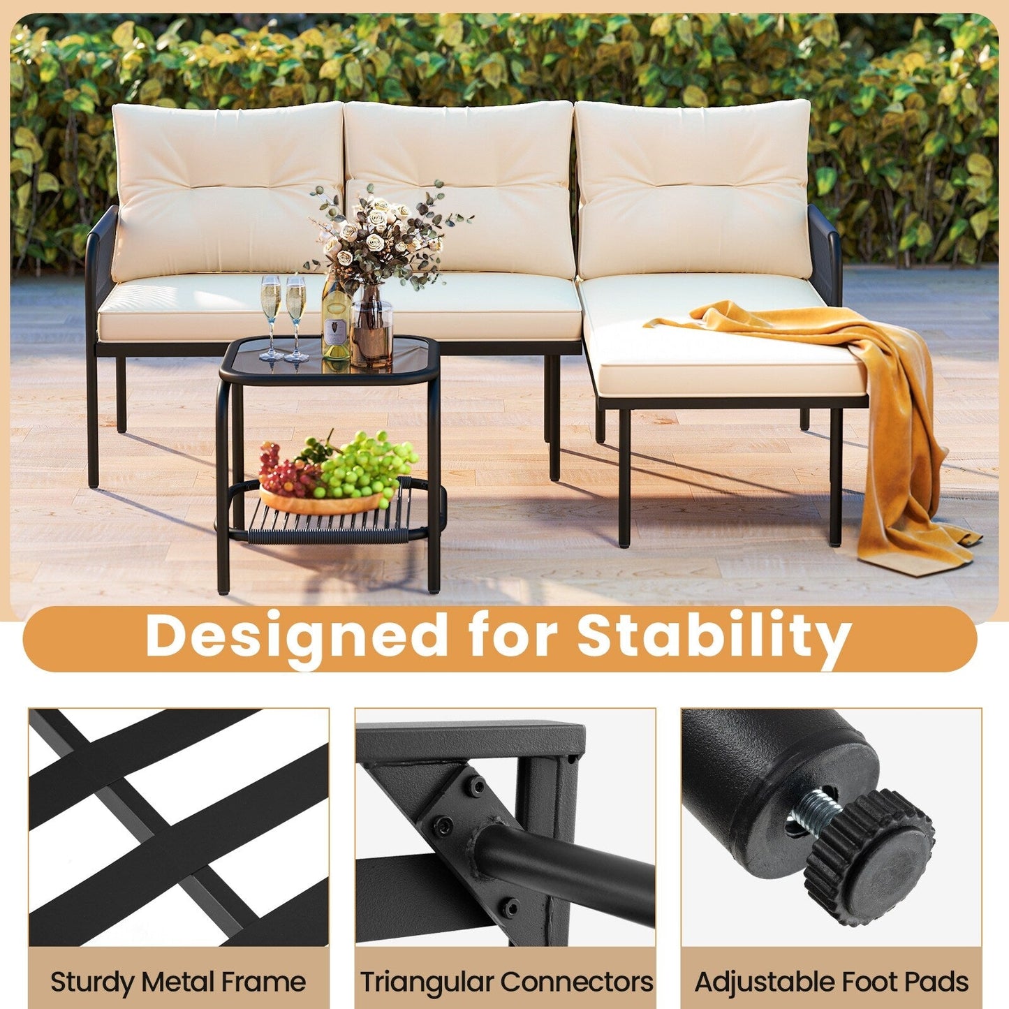 Gymax 3-Piece L Shaped Patio Furniture Set w/Tempered Glass Table Back