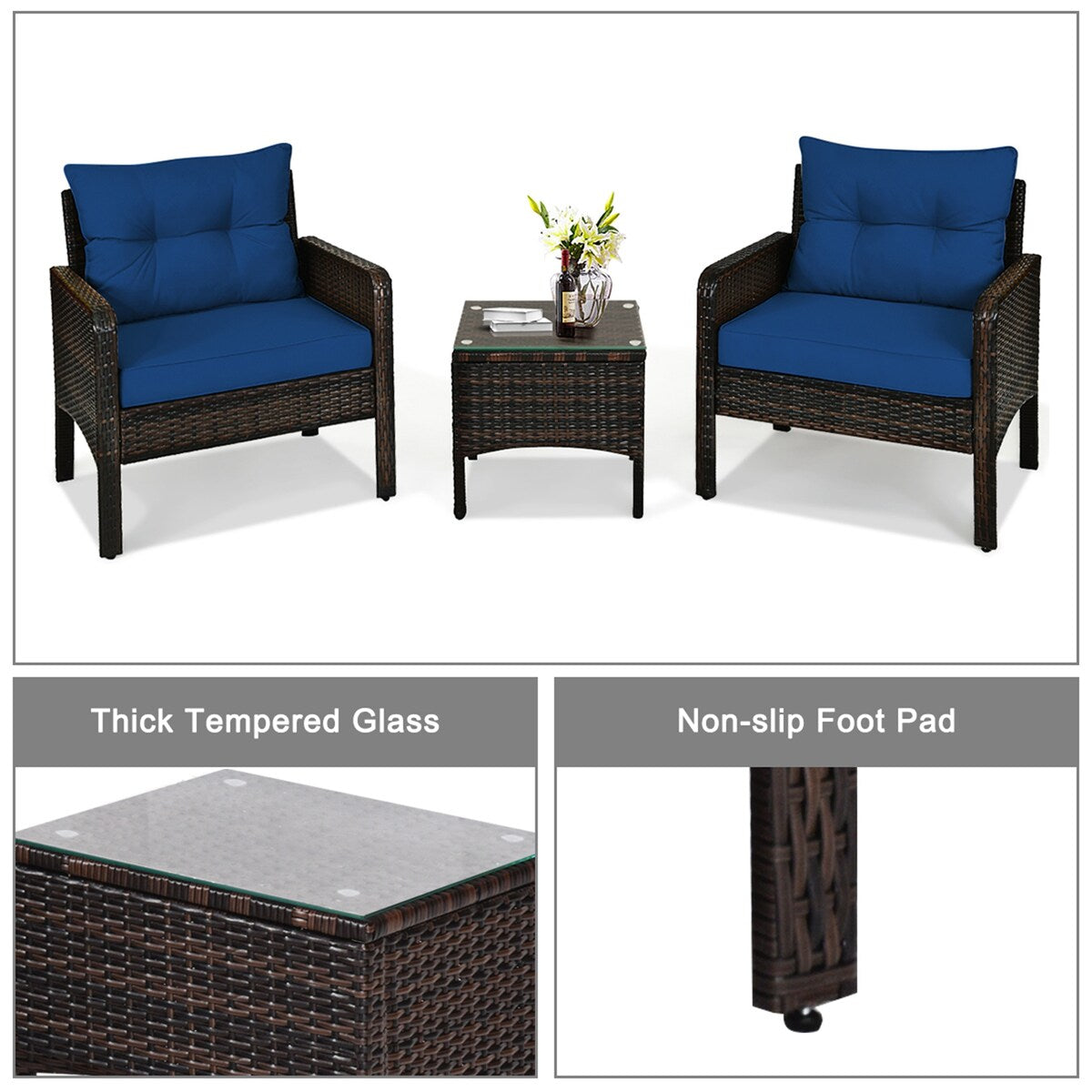 Gymax 3PCS Rattan Patio Conversation Furniture Set Yard Outdoor w/