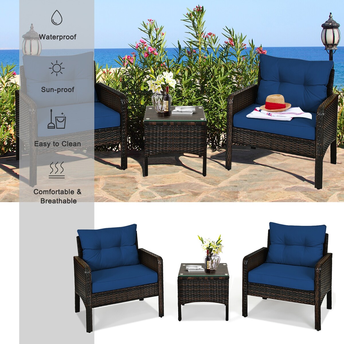 Gymax 3PCS Rattan Patio Conversation Furniture Set Yard Outdoor w/
