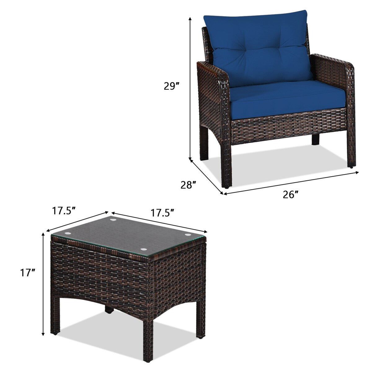 Gymax 3PCS Rattan Patio Conversation Furniture Set Yard Outdoor w/