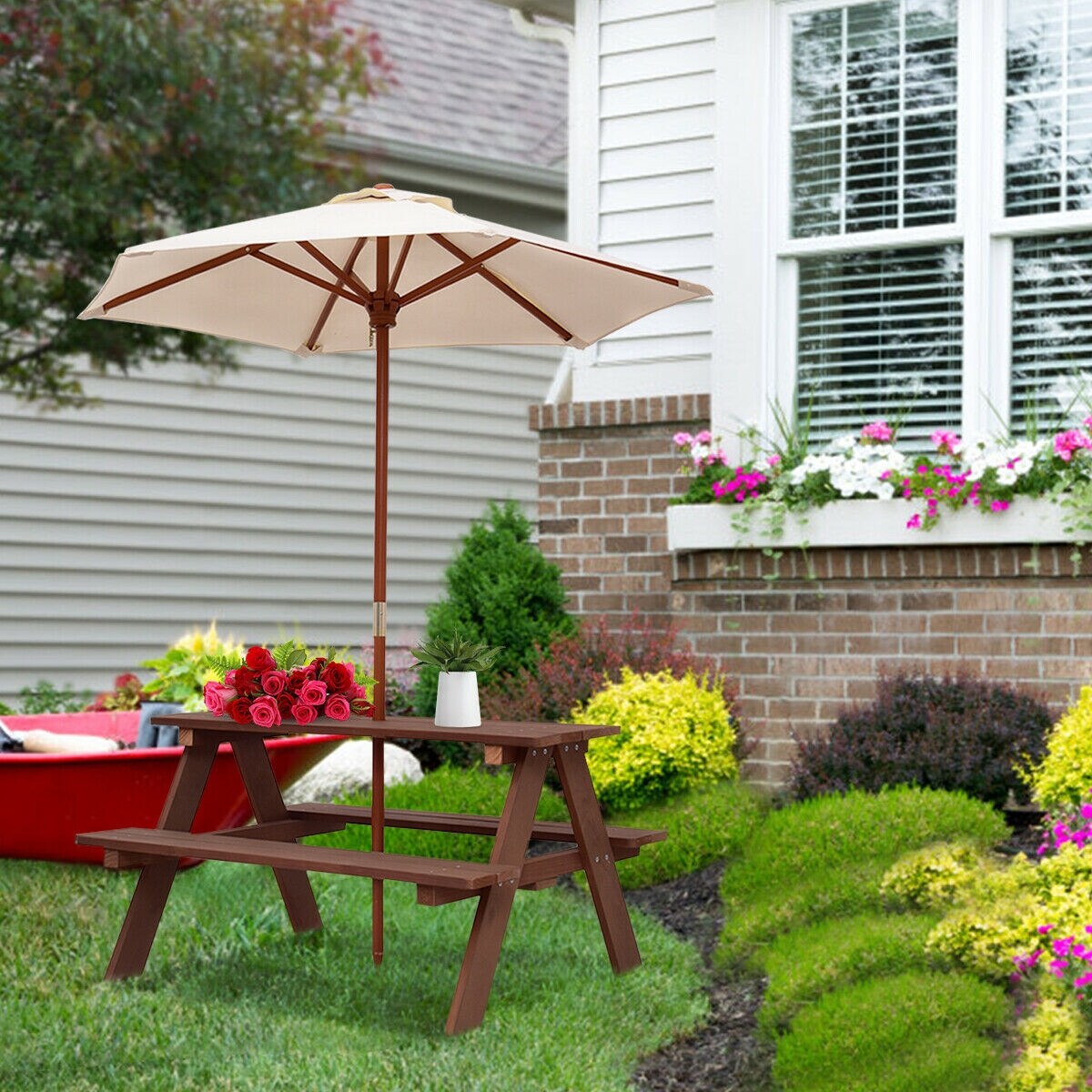 Gymax Children Outdoor 4 Seat Kids Picnic Table Bench with Folding