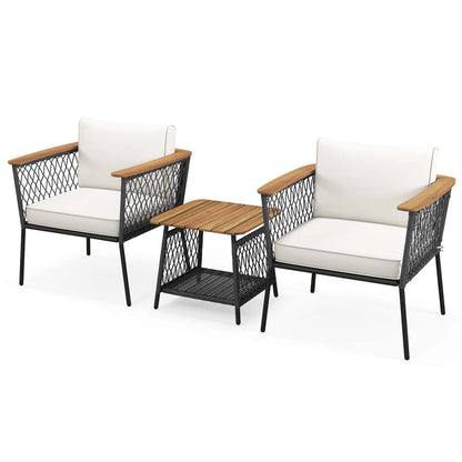 Gymax Set of 3 Furniture Set w/ 2-Tier Coffee Table Acacia Wood